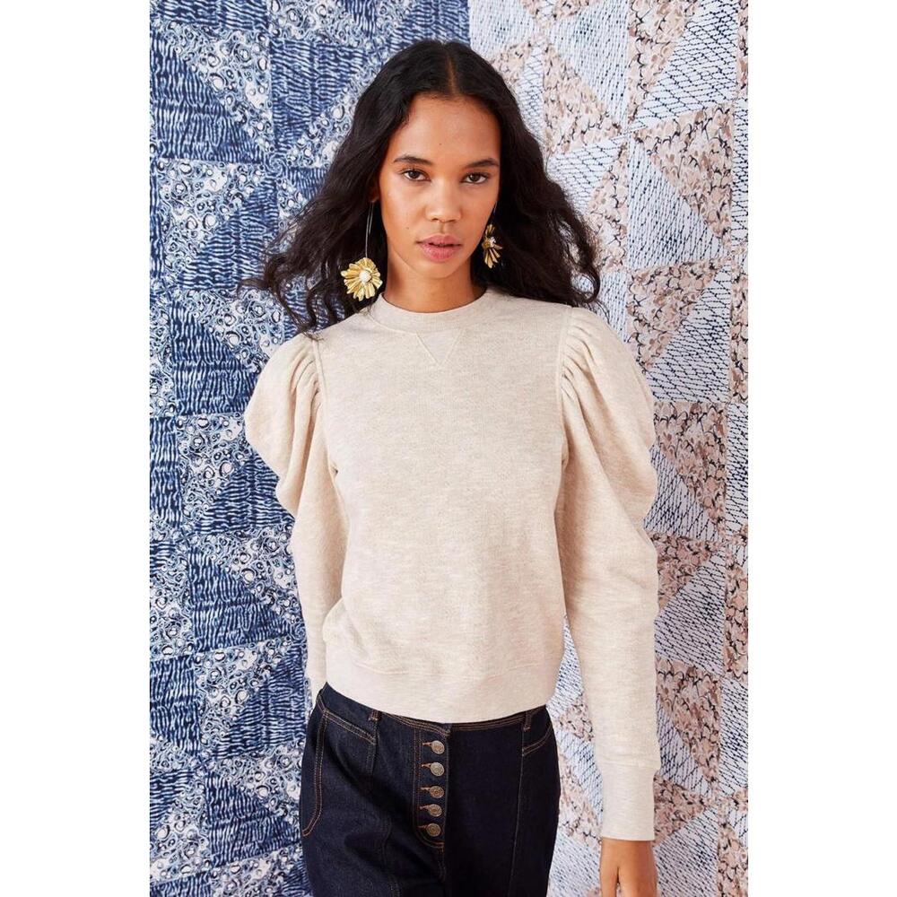 Ulla Johnson Alair Pullover Puff Sleeve Neutral Sweatshirt in Oatmeal Size Med